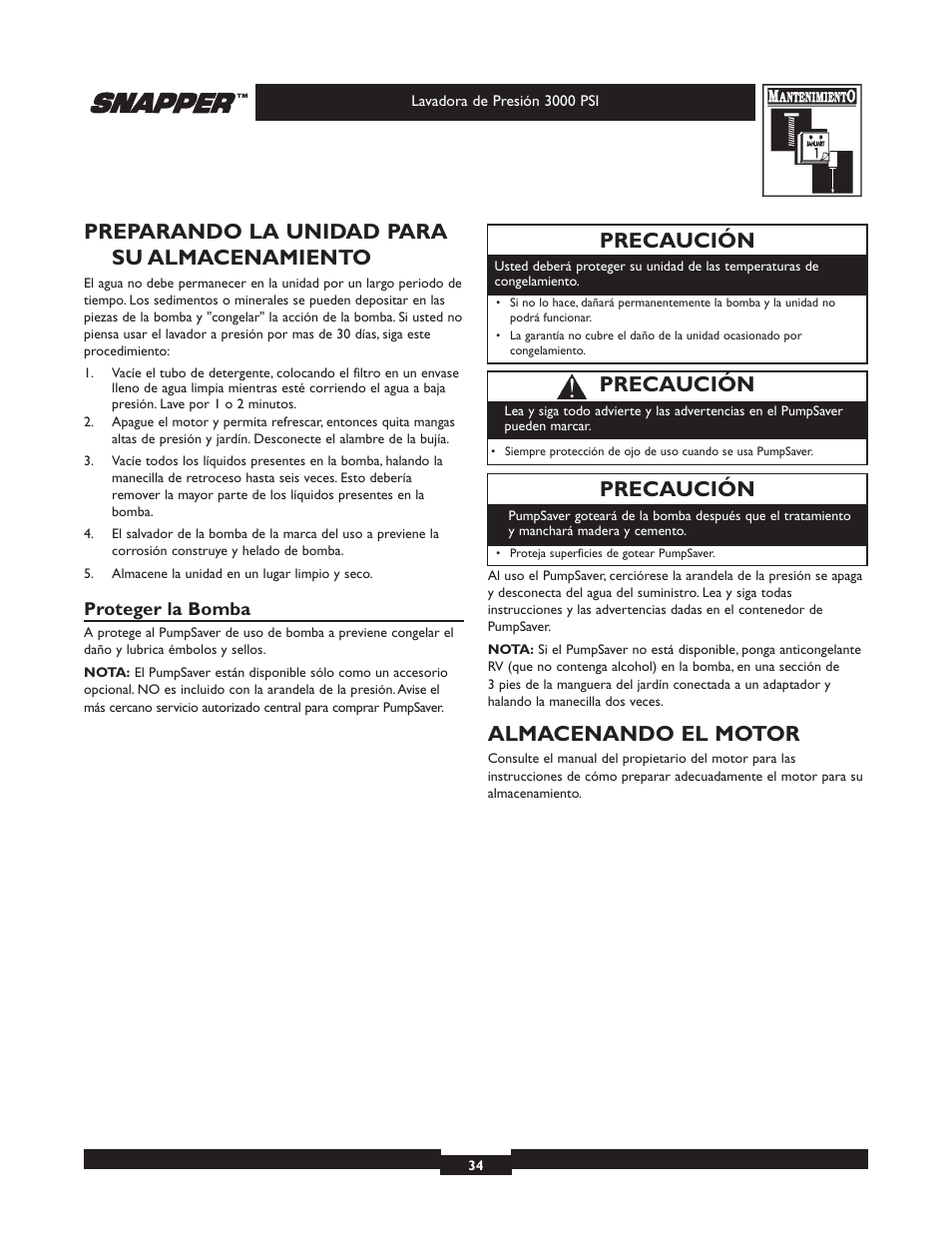 Preparando la unidad para su almacenamiento, Almacenando el motor, Precaución | Snapper 020231 User Manual | Page 34 / 36