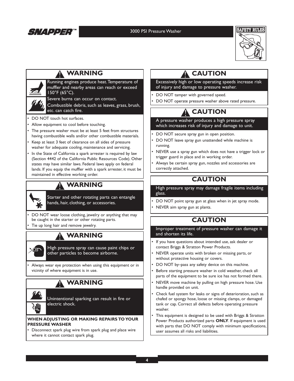 Caution, Warning | Snapper 020231 User Manual | Page 4 / 36