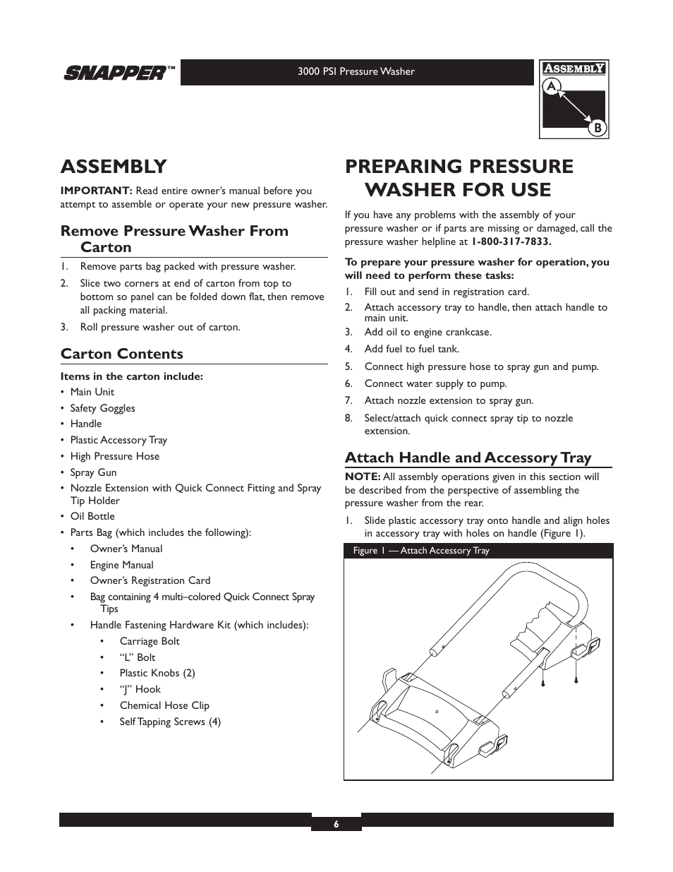 Assembly, Preparing pressure washer for use, Remove pressure washer from carton | Carton contents, Attach handle and accessory tray | Snapper 020231 User Manual | Page 6 / 36