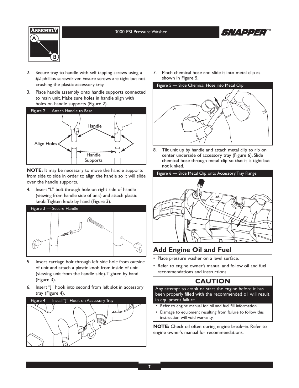 Add engine oil and fuel, Caution | Snapper 020231 User Manual | Page 7 / 36