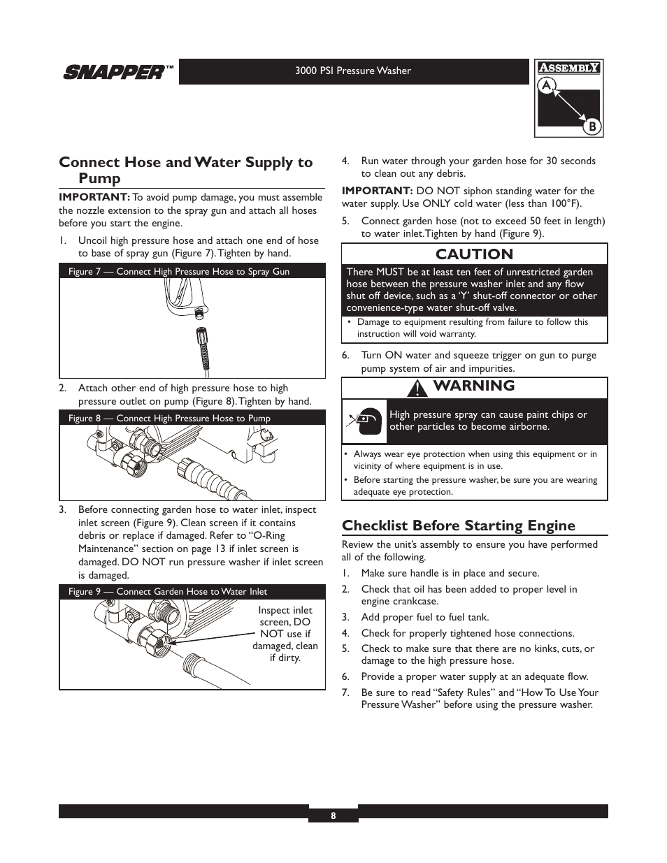 Connect hose and water supply to pump, Checklist before starting engine, Caution | Warning | Snapper 020231 User Manual | Page 8 / 36