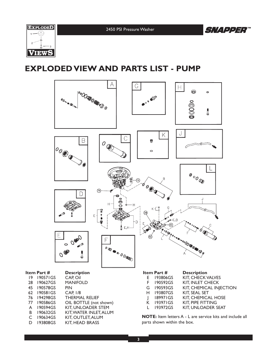 Exploded view and parts list - pump | Snapper 20229 User Manual | Page 3 / 3