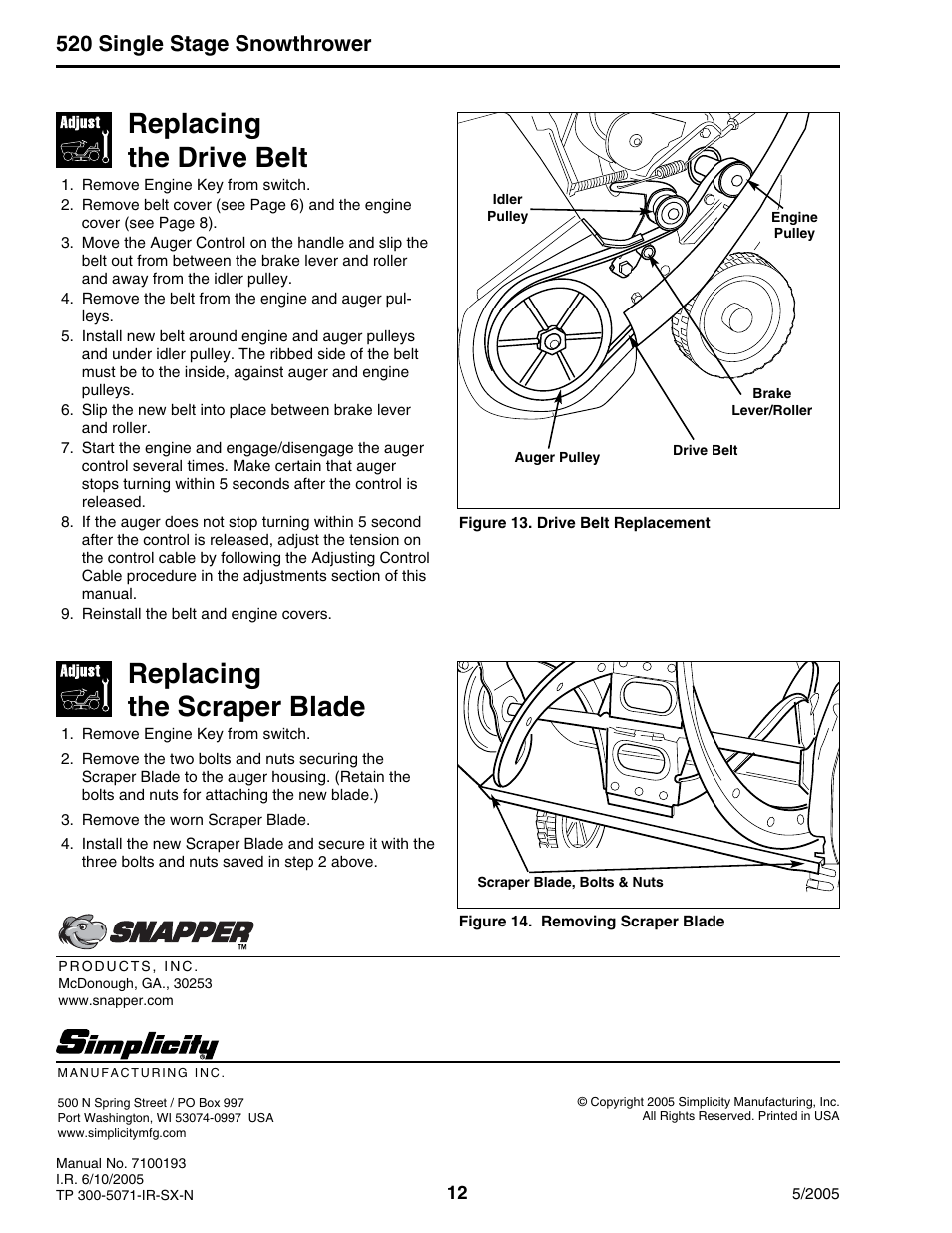 Replacing the drive belt, Replacing the scraper blade, 520 single stage snowthrower | Snapper 520 Series User Manual | Page 12 / 12