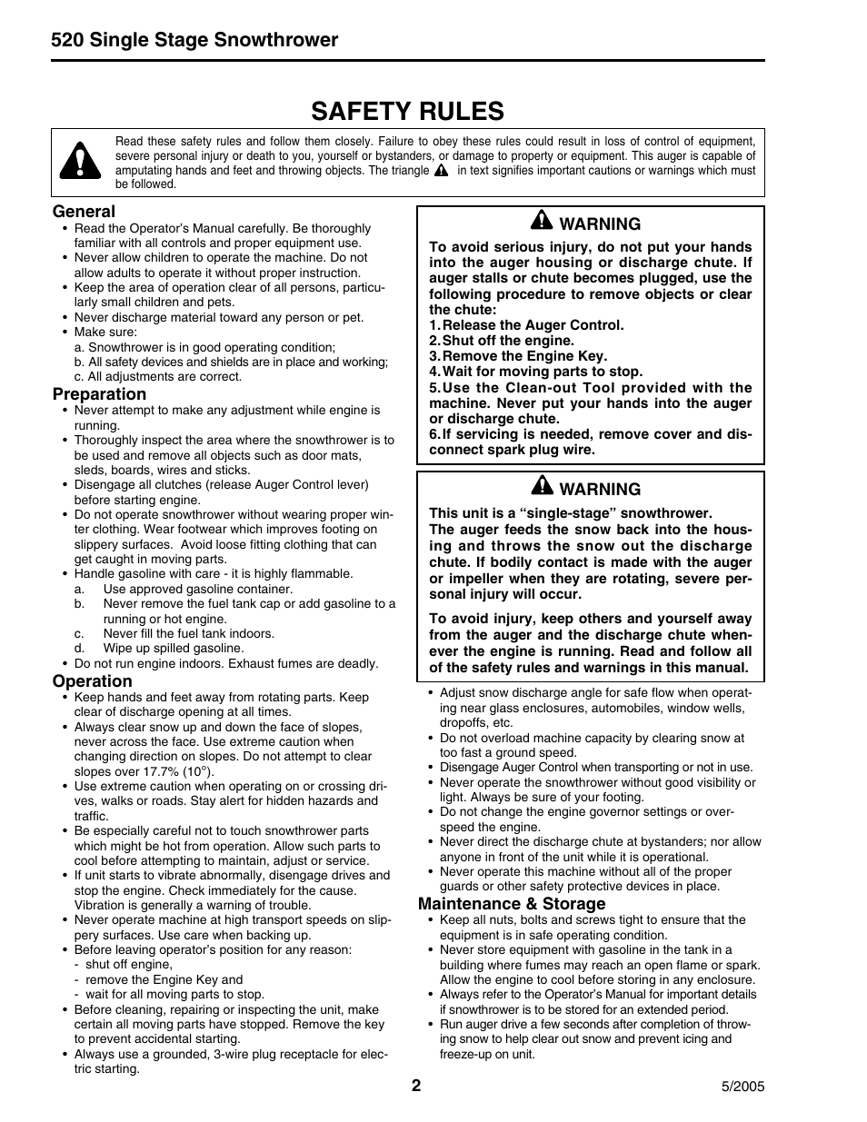 Safety rules, 520 single stage snowthrower | Snapper 520 Series User Manual | Page 2 / 12