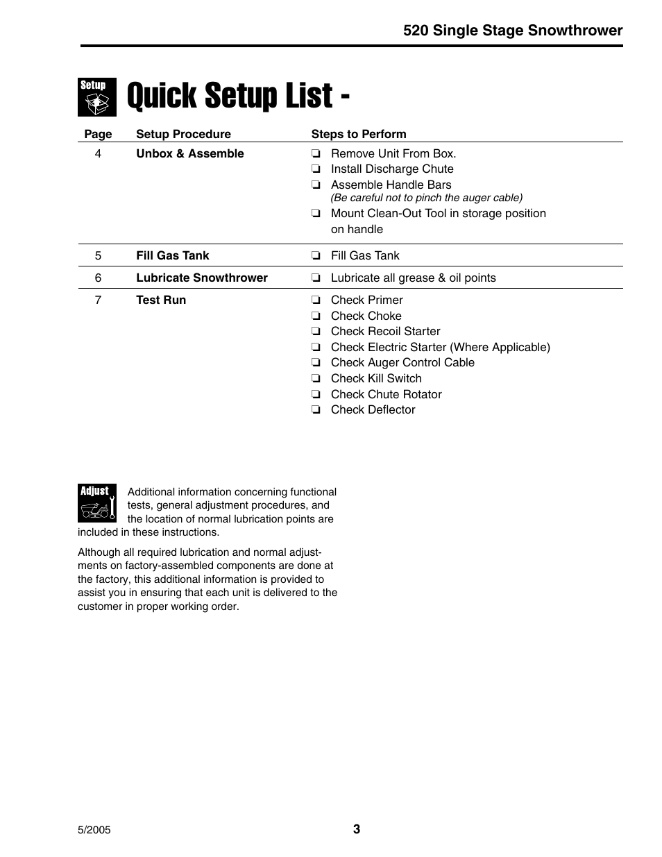 Quick setup list | Snapper 520 Series User Manual | Page 3 / 12