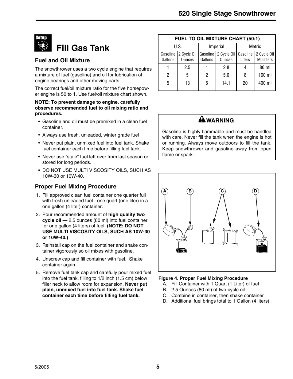 Fill gas tank, 520 single stage snowthrower | Snapper 520 Series User Manual | Page 5 / 12