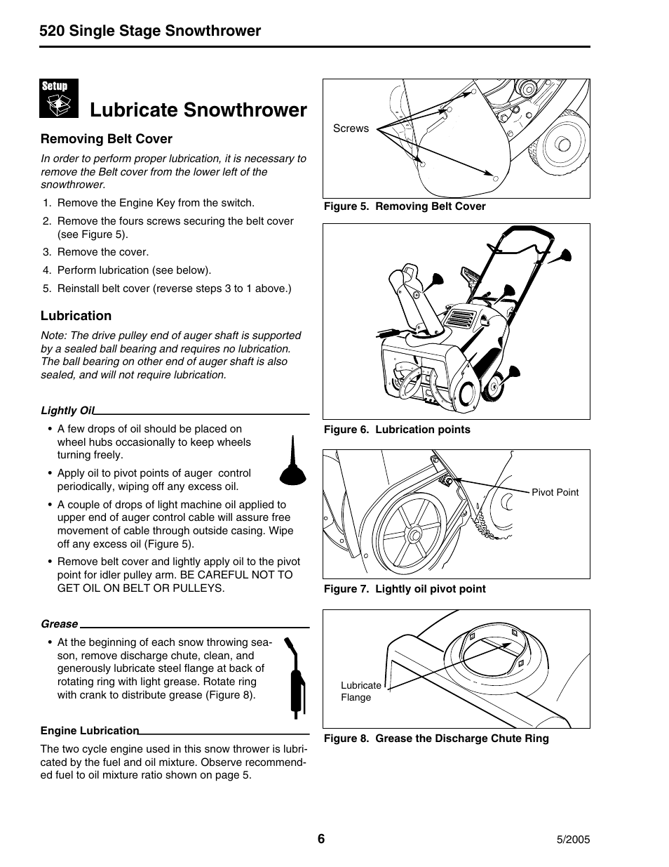 Lubricate snowthrower, 520 single stage snowthrower | Snapper 520 Series User Manual | Page 6 / 12