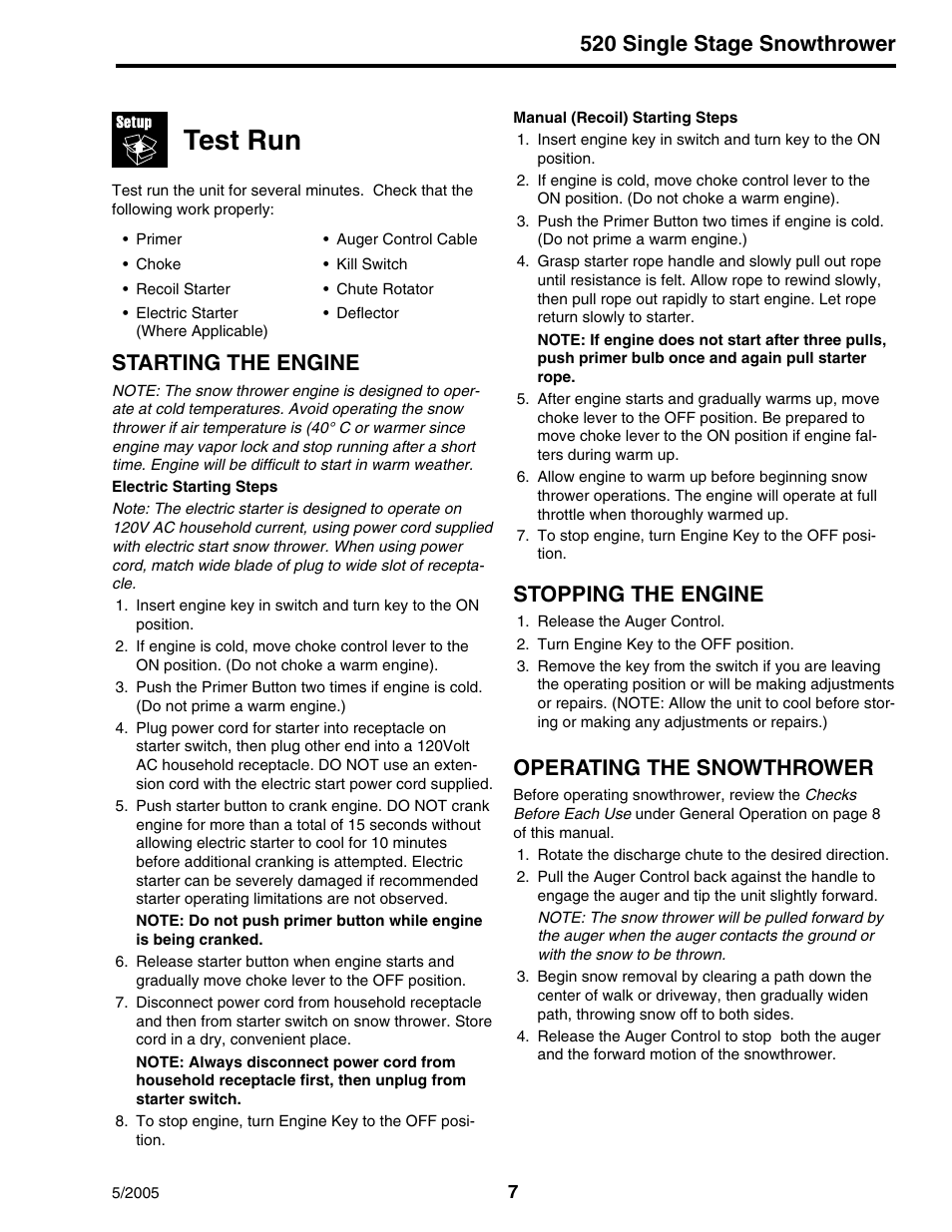 Test run, 520 single stage snowthrower, Starting the engine | Stopping the engine, Operating the snowthrower | Snapper 520 Series User Manual | Page 7 / 12