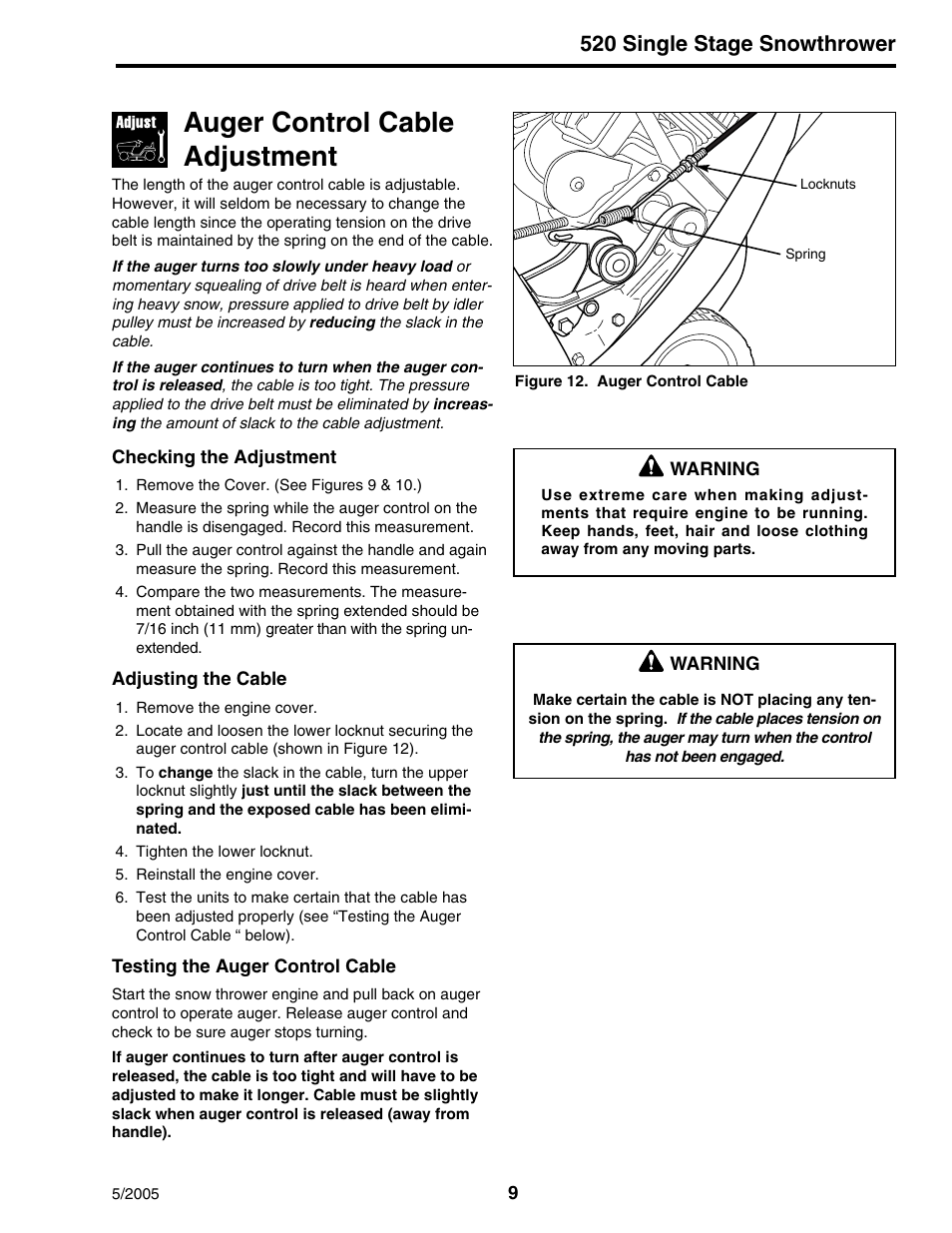 Auger control cable adjustment, 520 single stage snowthrower | Snapper 520 Series User Manual | Page 9 / 12