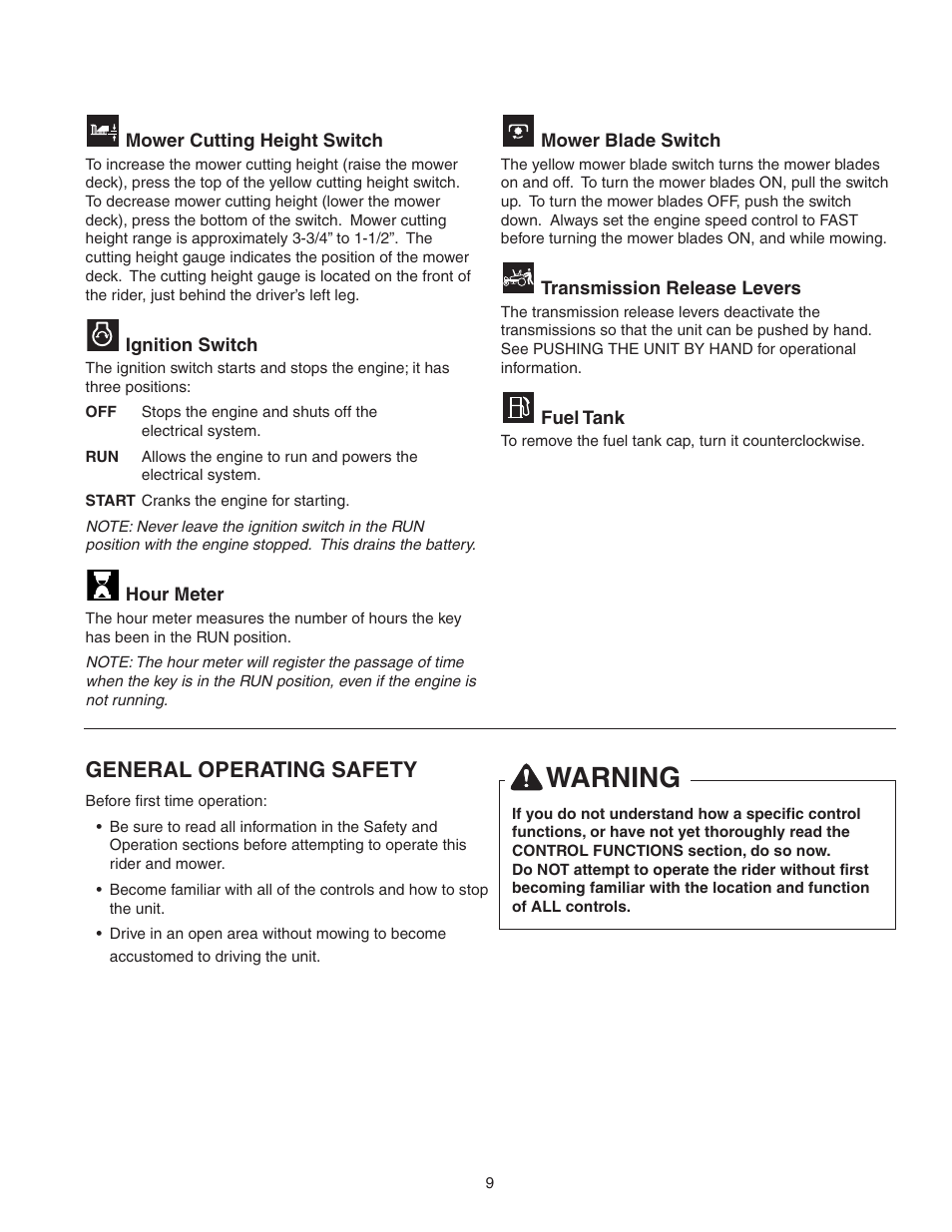 Warning, General operating safety | Snapper 150Z ZTR Series User Manual | Page 11 / 36
