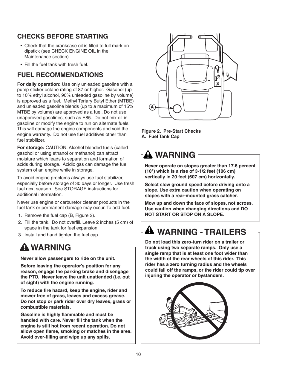 Warning, Warning - trailers, Checks before starting | Fuel recommendations | Snapper 150Z ZTR Series User Manual | Page 12 / 36