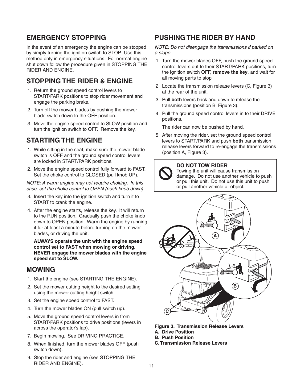 Pushing the rider by hand, Emergency stopping, Stopping the rider & engine | Starting the engine, Mowing | Snapper 150Z ZTR Series User Manual | Page 13 / 36