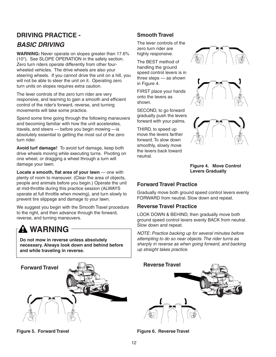 Warning, Basic driving, Driving practice | Snapper 150Z ZTR Series User Manual | Page 14 / 36