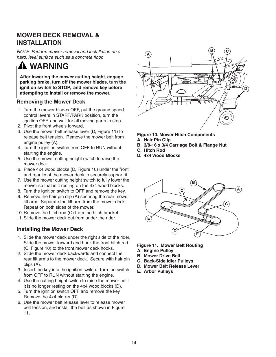 Warning, Mower deck removal & installation | Snapper 150Z ZTR Series User Manual | Page 16 / 36