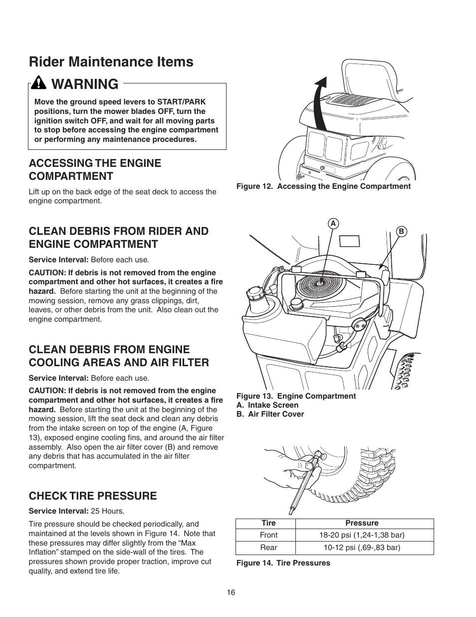 Rider maintenance items, Warning, Accessing the engine compartment | Clean debris from rider and engine compartment, Check tire pressure | Snapper 150Z ZTR Series User Manual | Page 18 / 36