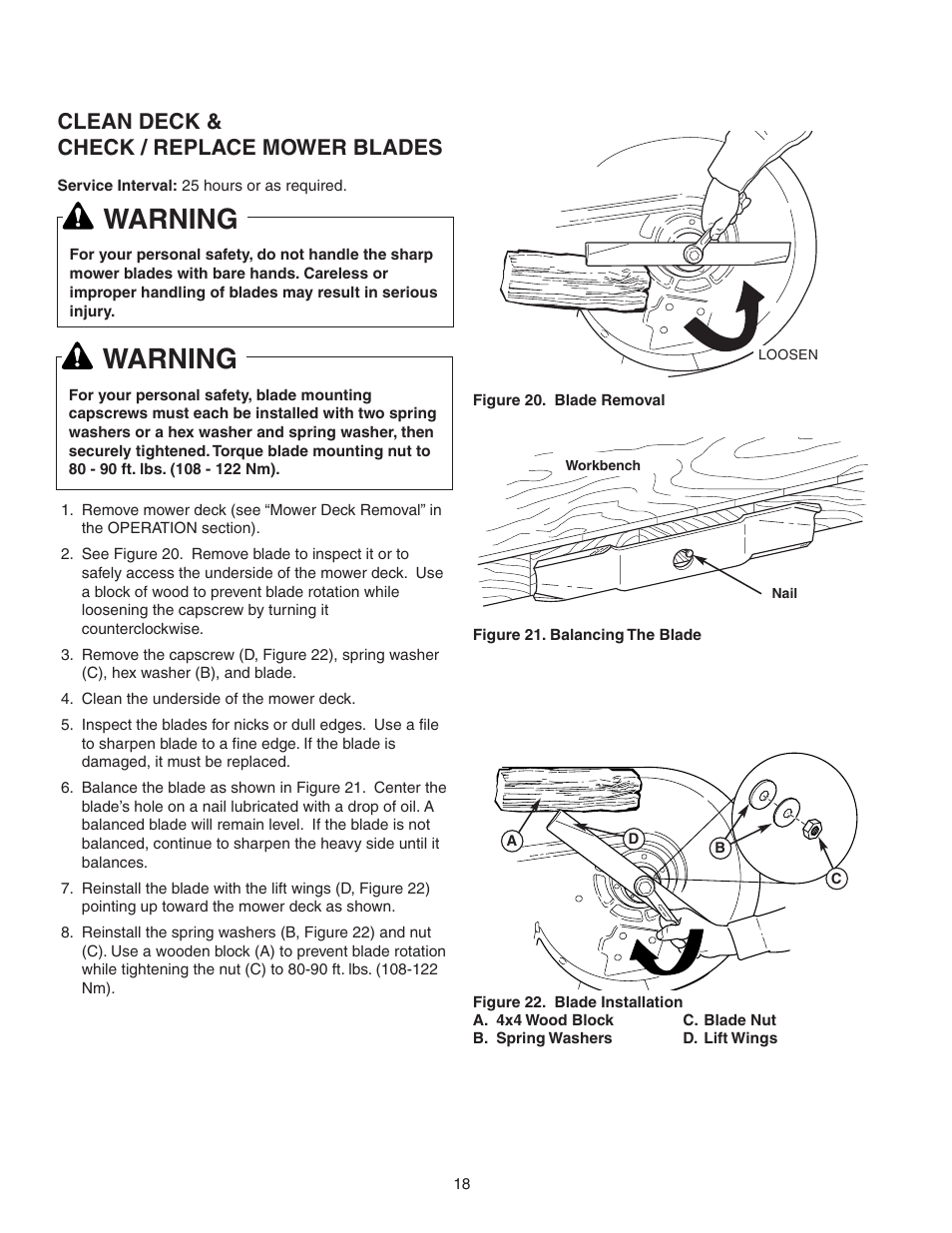 Warning, Clean deck & check / replace mower blades | Snapper 150Z ZTR Series User Manual | Page 20 / 36