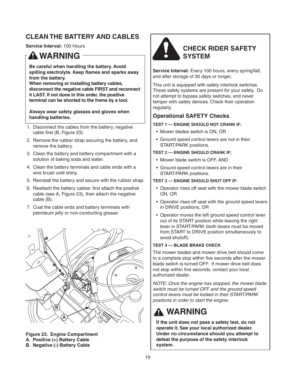 Warning, Clean the battery and cables, Check rider safety system | Snapper 150Z ZTR Series User Manual | Page 21 / 36