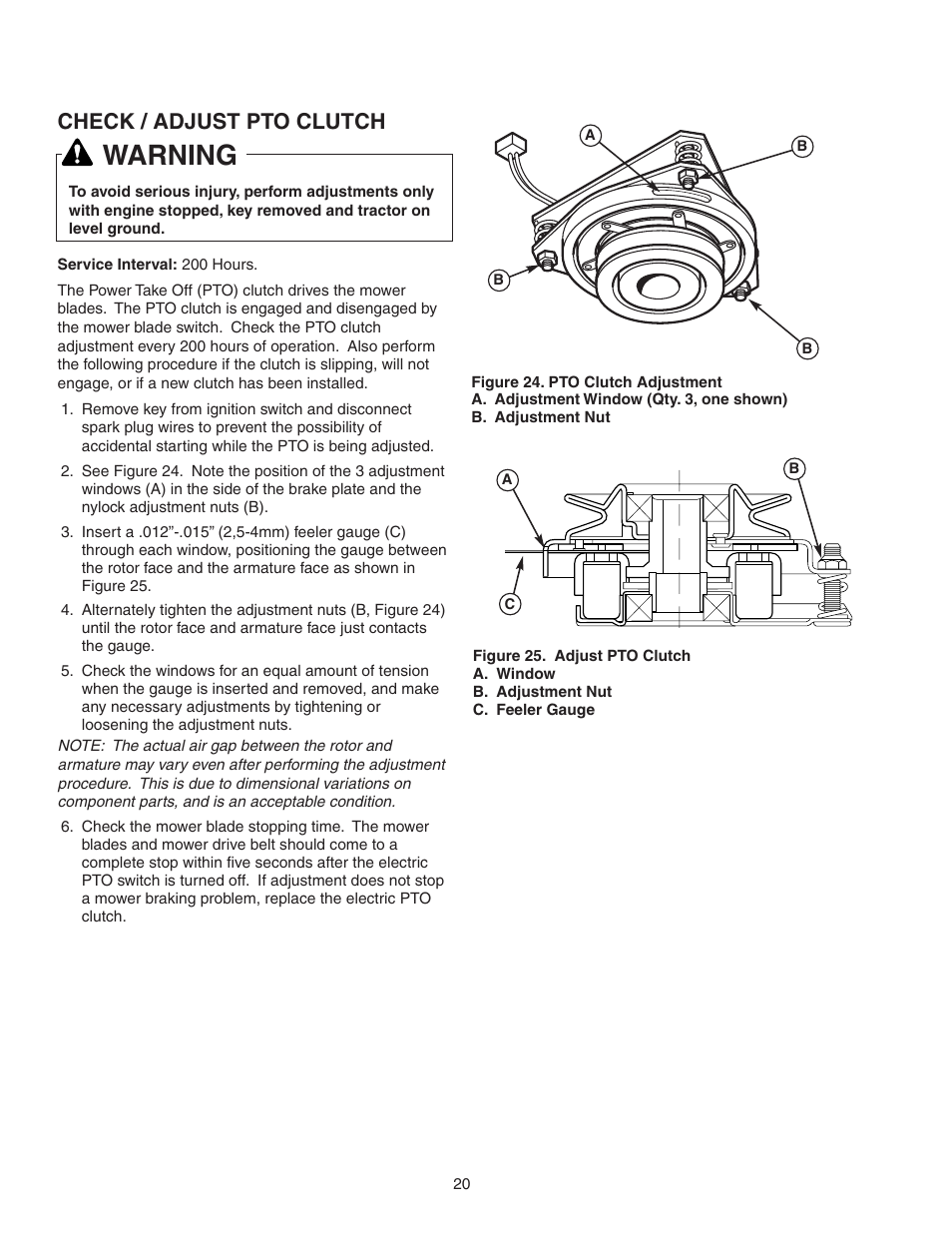 Warning, Check / adjust pto clutch | Snapper 150Z ZTR Series User Manual | Page 22 / 36