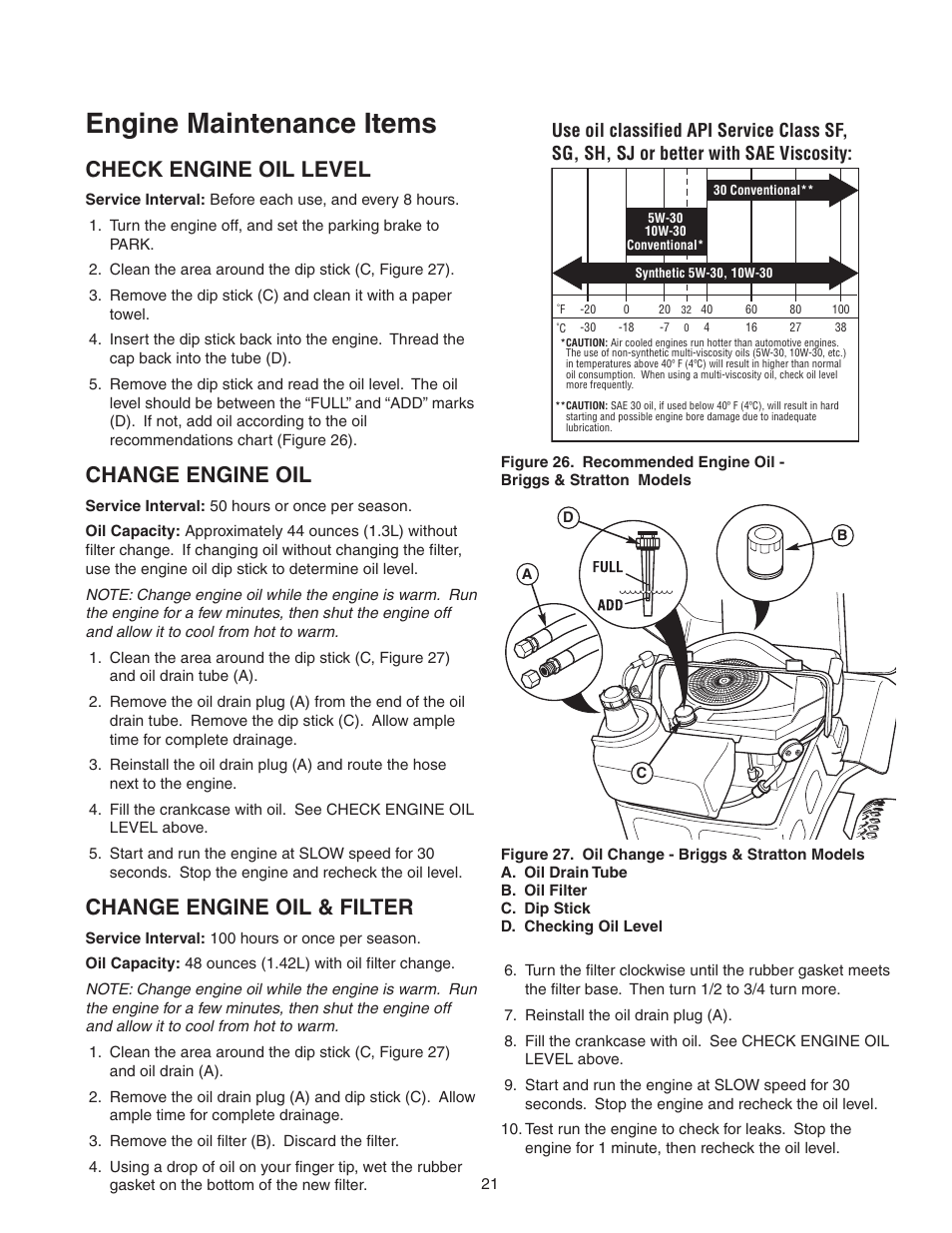 Engine maintenance items, Check engine oil level, Change engine oil | Change engine oil & filter | Snapper 150Z ZTR Series User Manual | Page 23 / 36