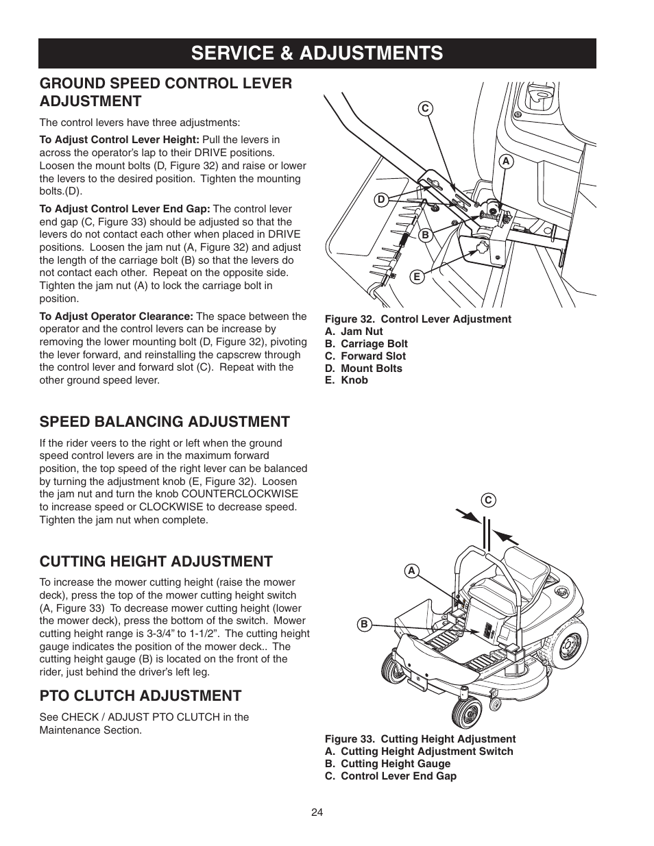 Service & adjustments, Ground speed control lever adjustment, Speed balancing adjustment | Cutting height adjustment, Pto clutch adjustment | Snapper 150Z ZTR Series User Manual | Page 26 / 36