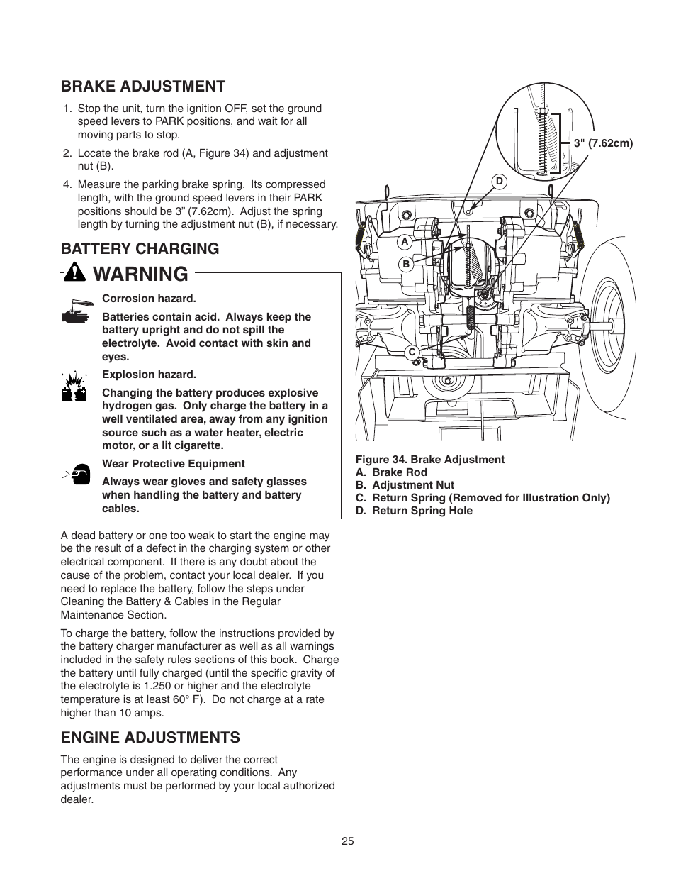 Warning, Brake adjustment, Battery charging | Engine adjustments | Snapper 150Z ZTR Series User Manual | Page 27 / 36