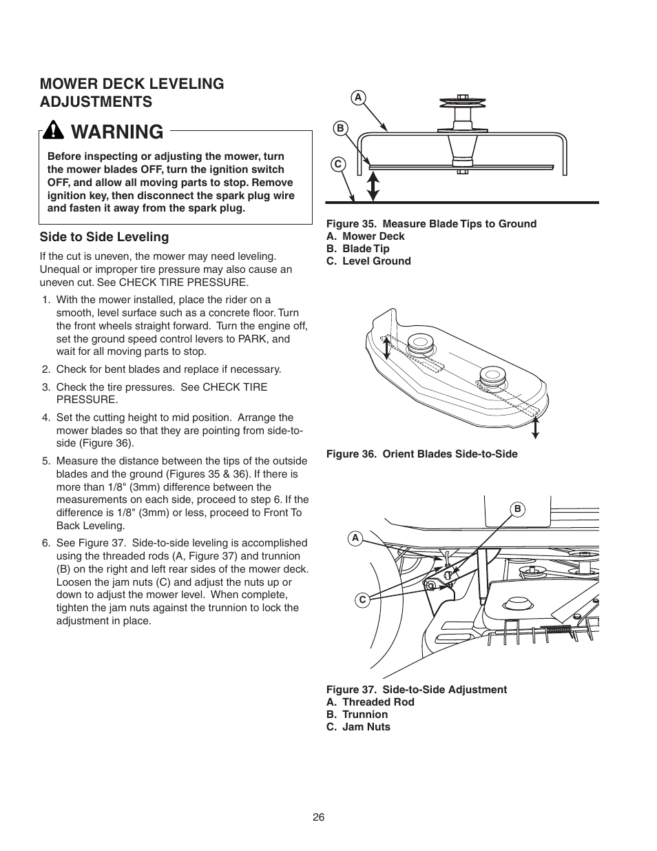 Warning, Mower deck leveling adjustments | Snapper 150Z ZTR Series User Manual | Page 28 / 36