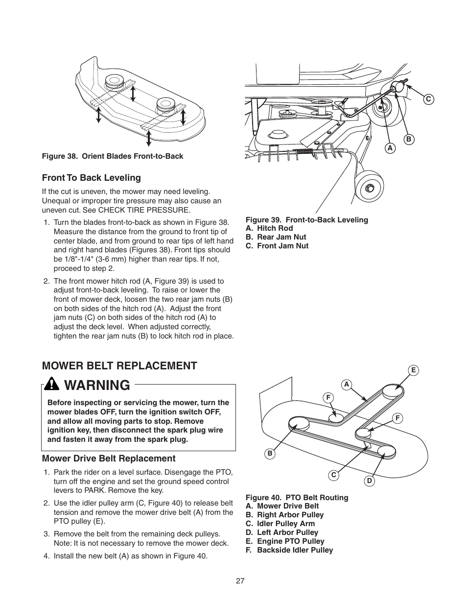 Warning, Mower belt replacement | Snapper 150Z ZTR Series User Manual | Page 29 / 36