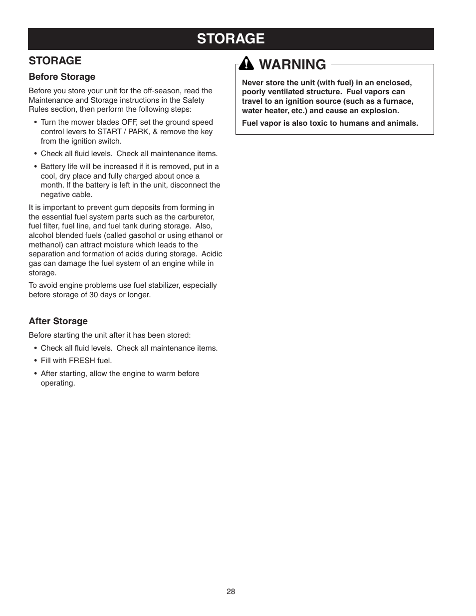 Storage warning, Storage | Snapper 150Z ZTR Series User Manual | Page 30 / 36