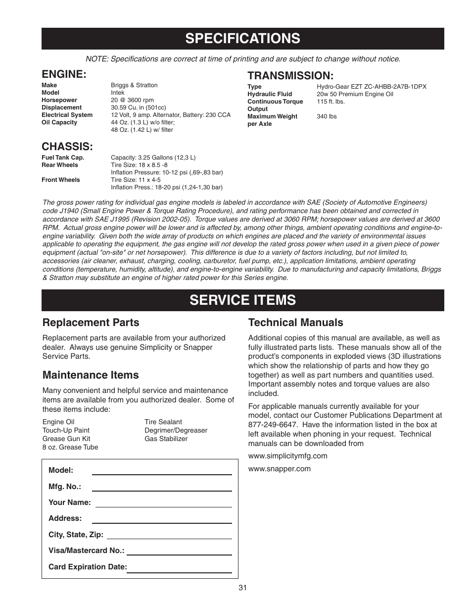 Specifications service items, Engine, Chassis | Transmission, Replacement parts, Technical manuals, Maintenance items | Snapper 150Z ZTR Series User Manual | Page 33 / 36
