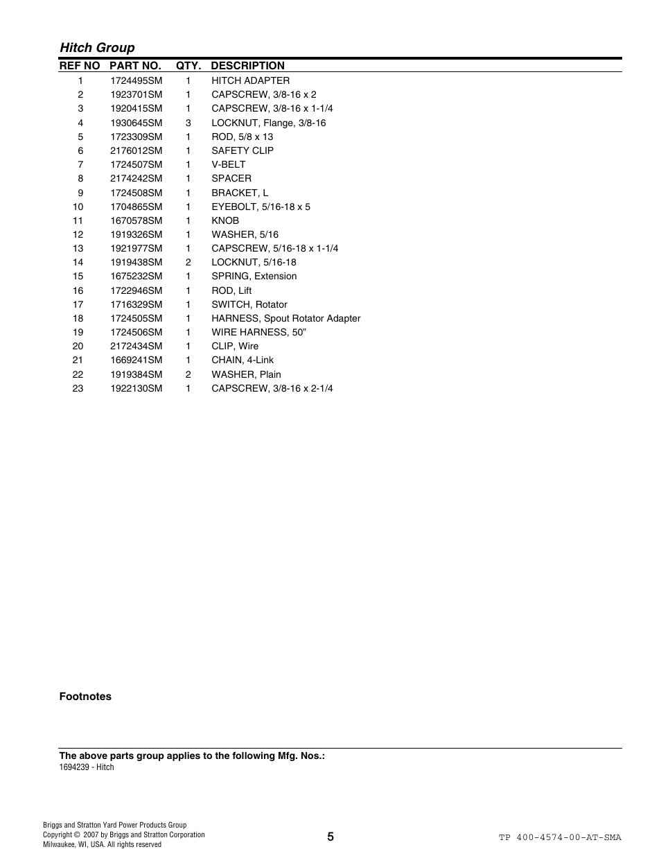 Hitch group | Snapper 4574 User Manual | Page 5 / 8