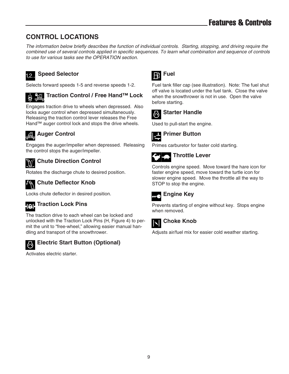 Features & controls, Control locations | Snapper 555M User Manual | Page 10 / 32