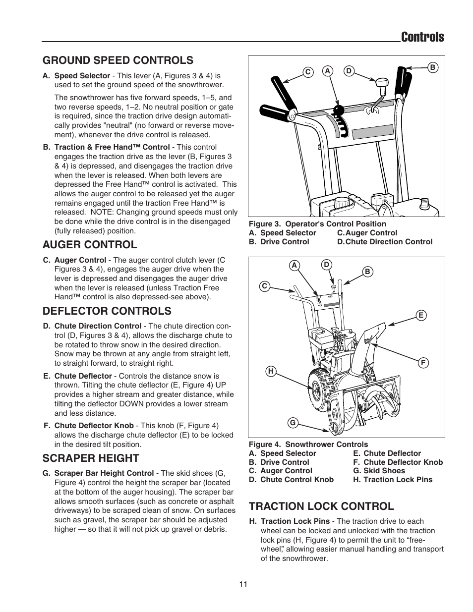 Controls, Ground speed controls, Auger control | Deflector controls, Scraper height, Traction lock control | Snapper 555M User Manual | Page 12 / 32