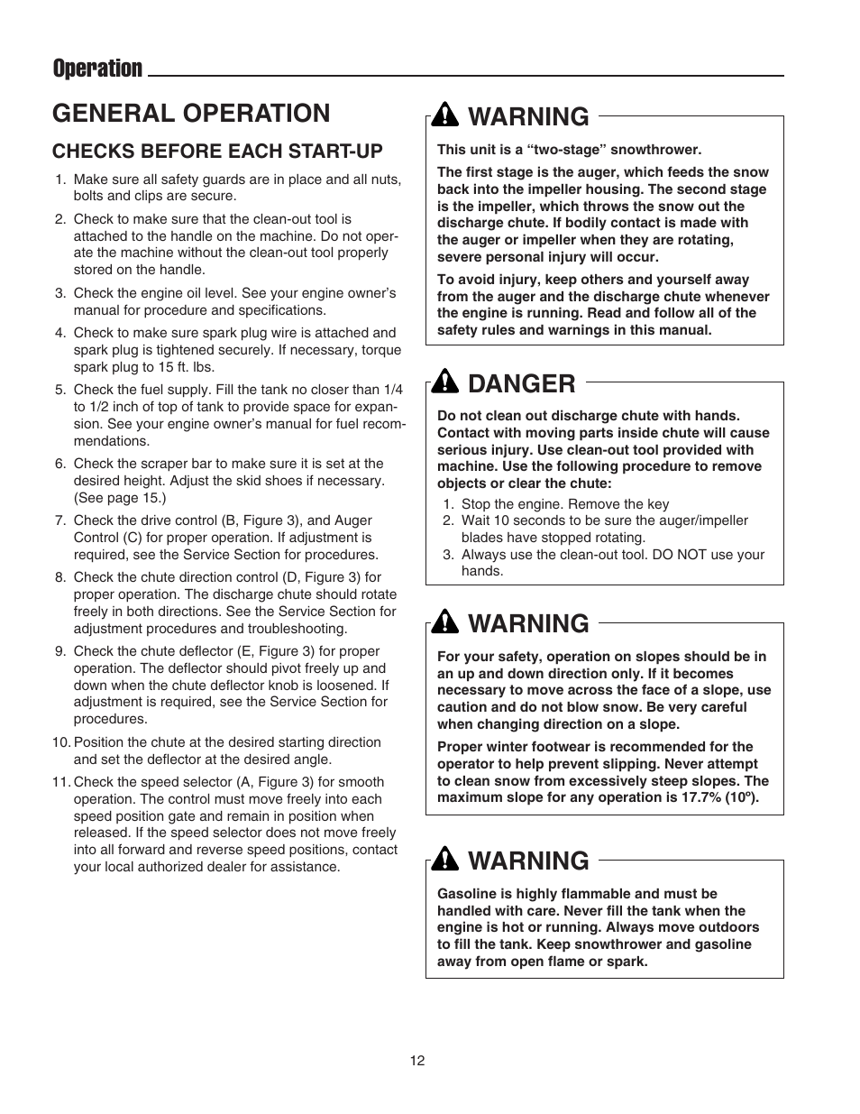 Operation general operation, Warning, Danger | Checks before each start-up | Snapper 555M User Manual | Page 13 / 32