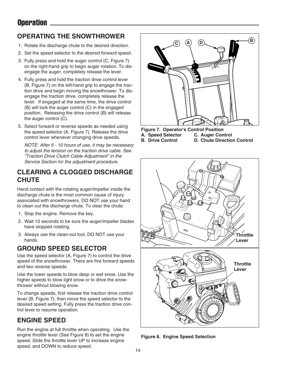 Operation, Operating the snowthrower, Clearing a clogged discharge chute | Ground speed selector, Engine speed | Snapper 555M User Manual | Page 15 / 32