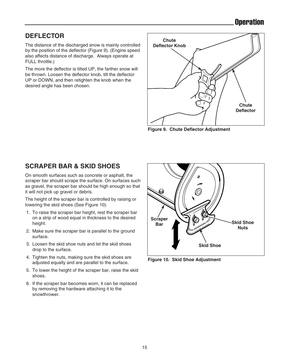 Operation, Deflector, Scraper bar & skid shoes | Snapper 555M User Manual | Page 16 / 32