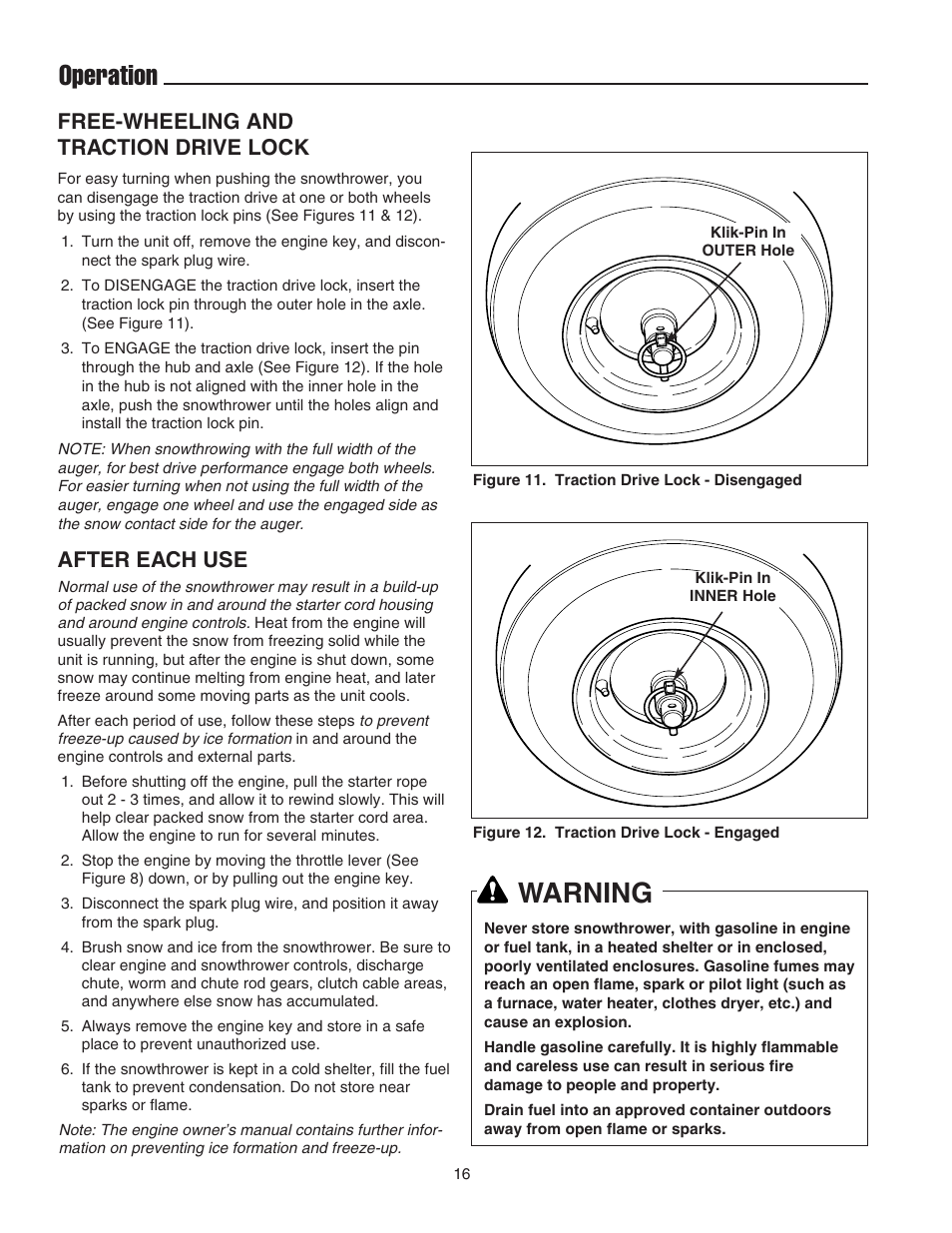 Operation, Warning, Free-wheeling and traction drive lock | After each use | Snapper 555M User Manual | Page 17 / 32