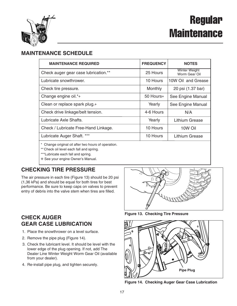 Regular maintenance, Check auger gear case lubrication, Checking tire pressure | Maintenance schedule | Snapper 555M User Manual | Page 18 / 32