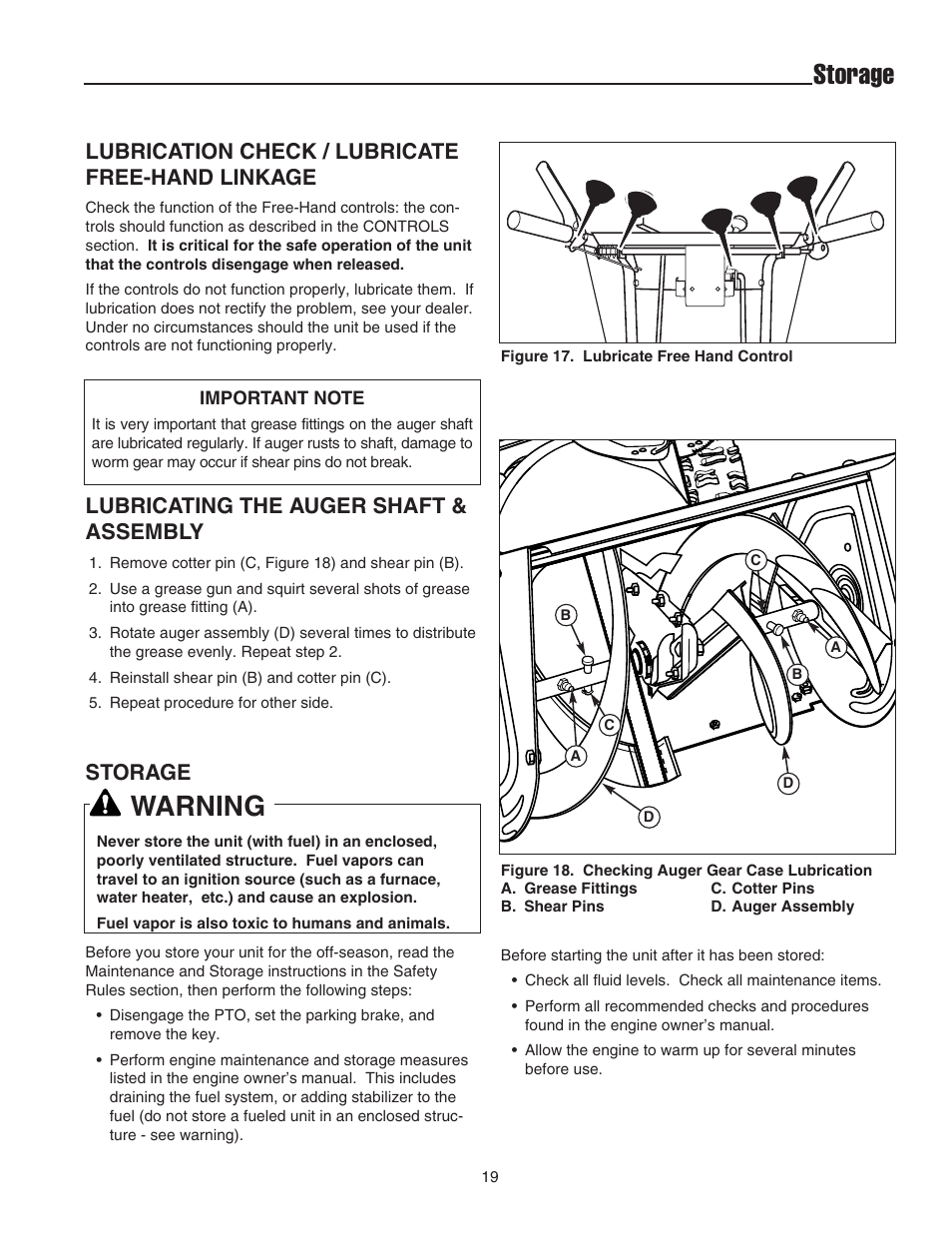 Storage, Warning, Lubrication check / lubricate free-hand linkage | Lubricating the auger shaft & assembly | Snapper 555M User Manual | Page 20 / 32