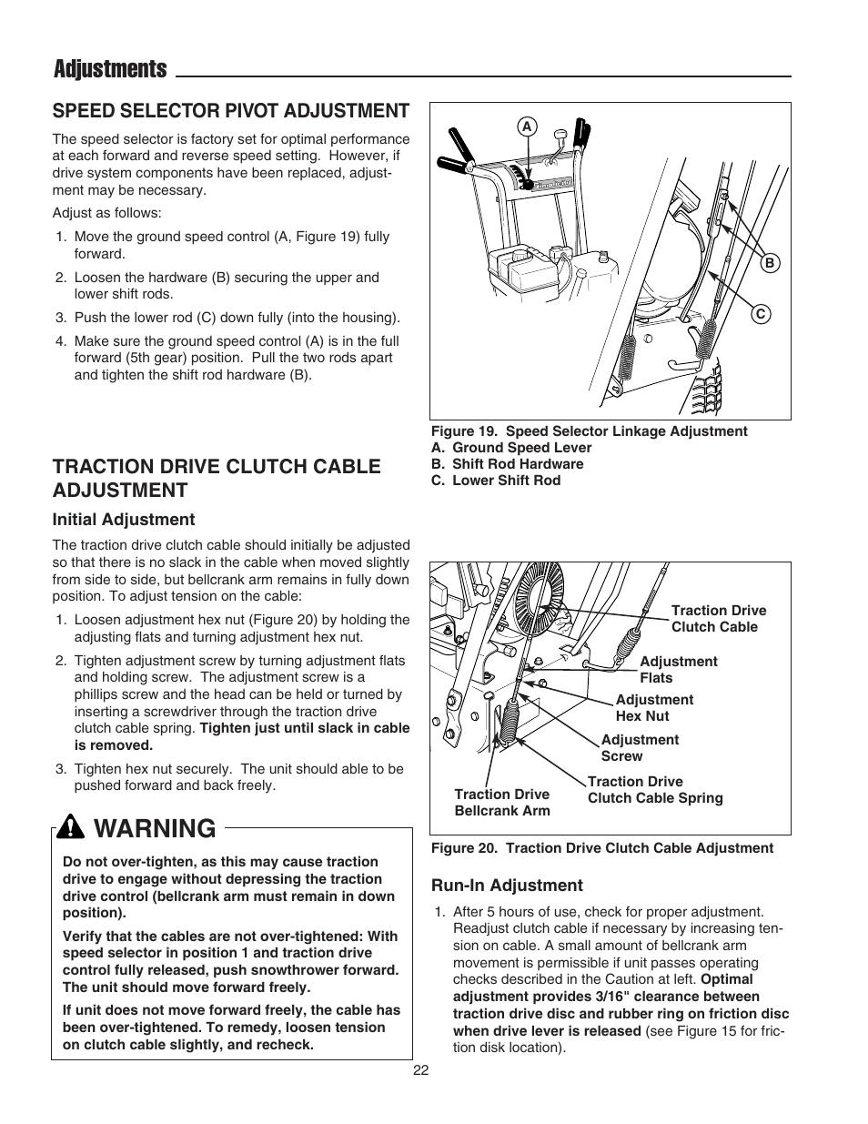 Adjustments, Warning, Speed selector pivot adjustment | Traction drive clutch cable adjustment | Snapper 555M User Manual | Page 23 / 32