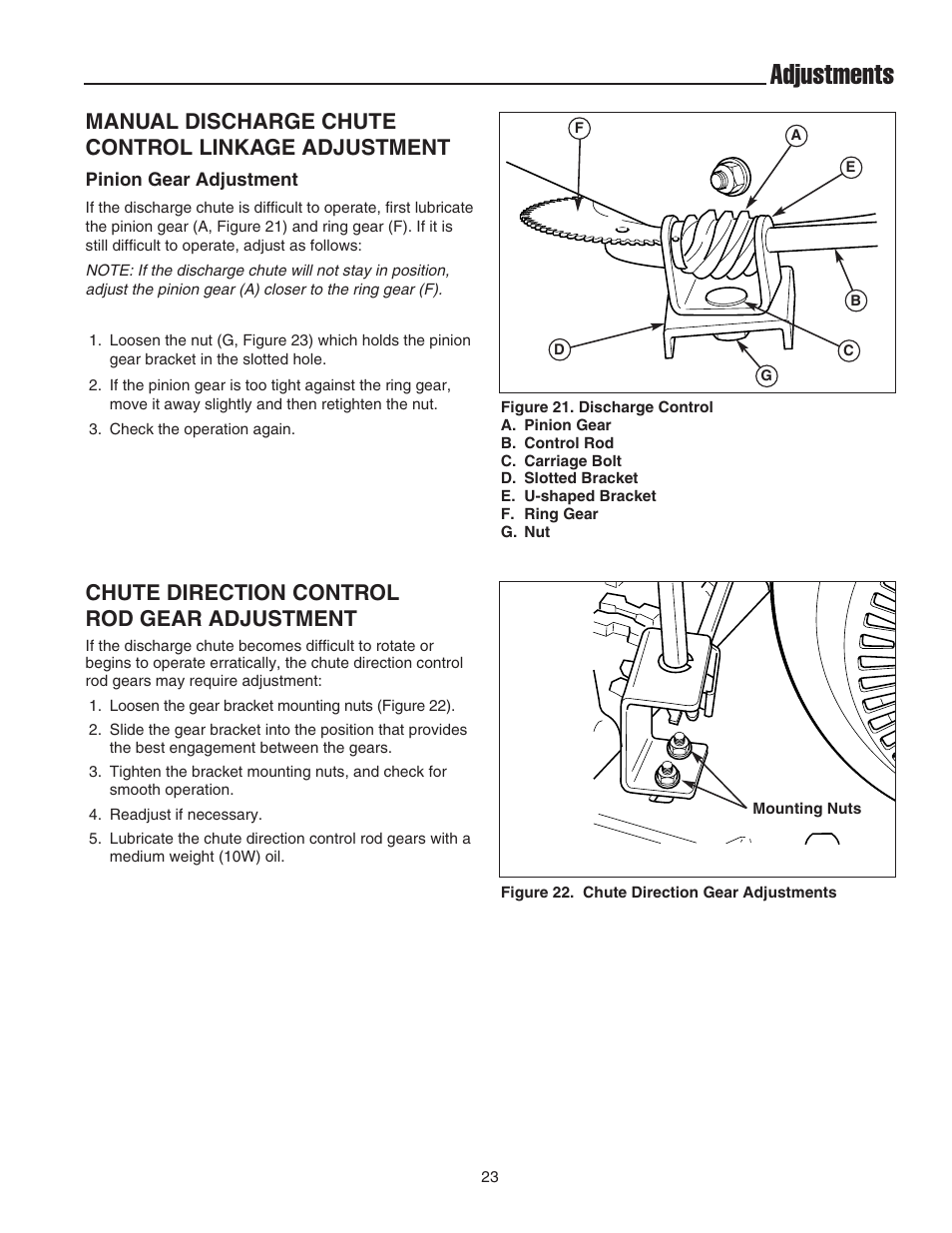 Adjustments, Manual discharge chute control linkage adjustment, Chute direction control rod gear adjustment | Snapper 555M User Manual | Page 24 / 32