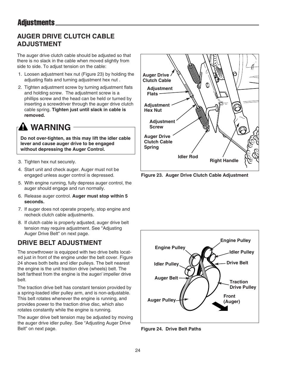 Adjustments, Warning, Auger drive clutch cable adjustment | Drive belt adjustment | Snapper 555M User Manual | Page 25 / 32