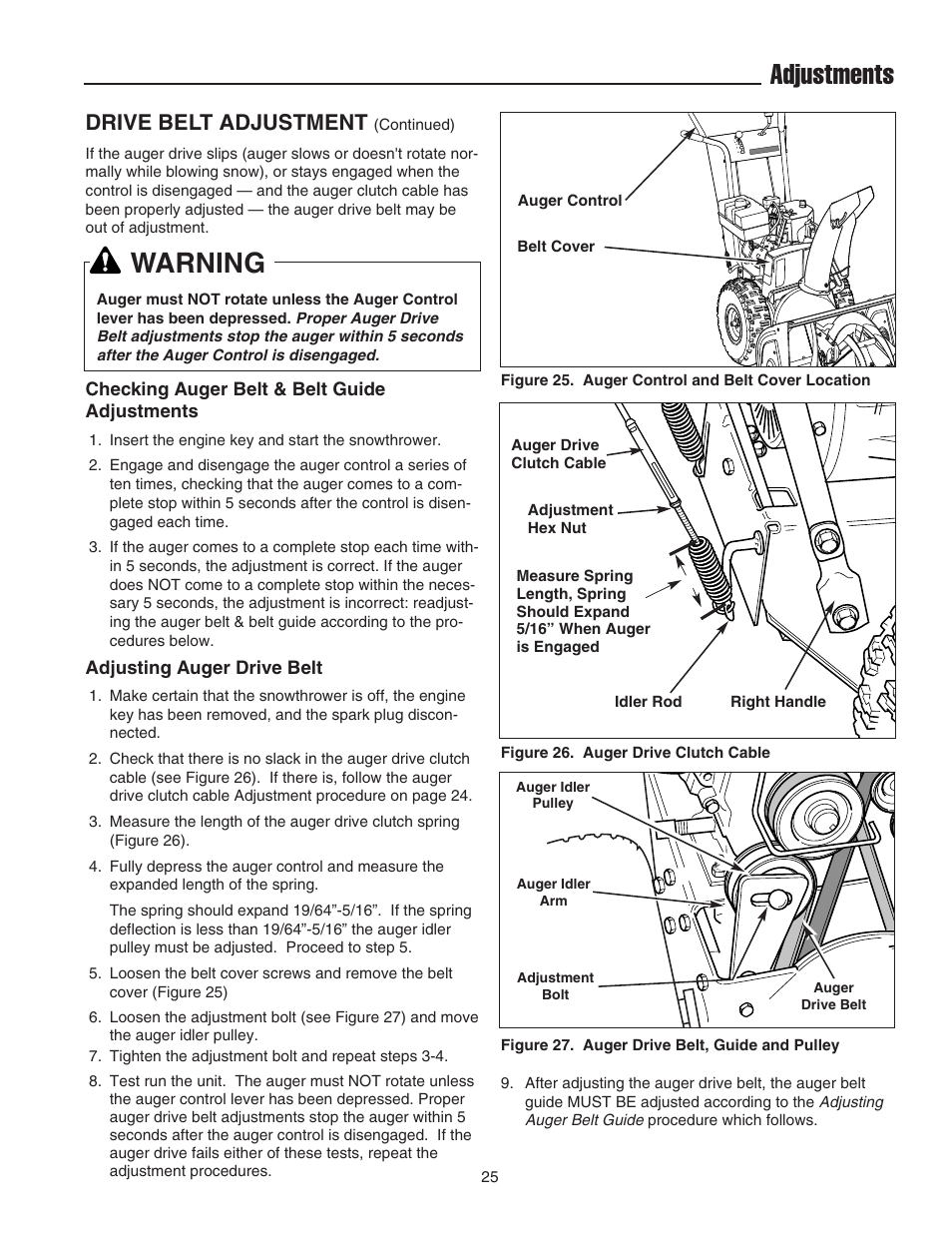 Adjustments, Warning, Drive belt adjustment | Snapper 555M User Manual | Page 26 / 32