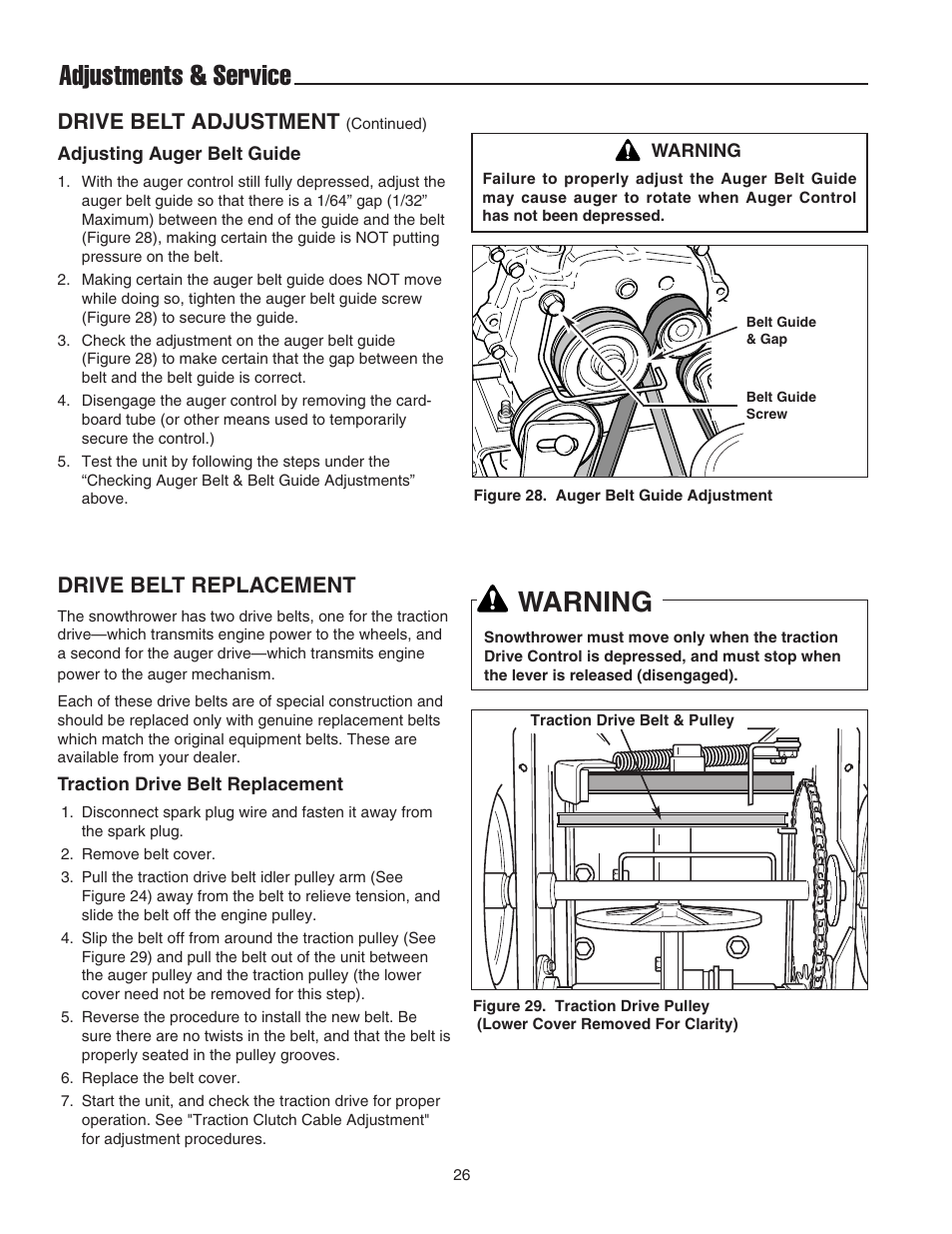 Adjustments & service, Warning, Drive belt adjustment | Drive belt replacement | Snapper 555M User Manual | Page 27 / 32