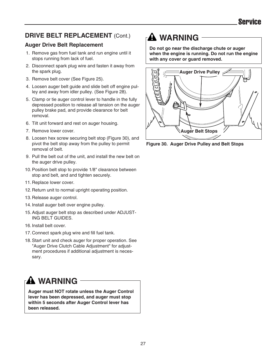 Service, Warning, Drive belt replacement | Snapper 555M User Manual | Page 28 / 32