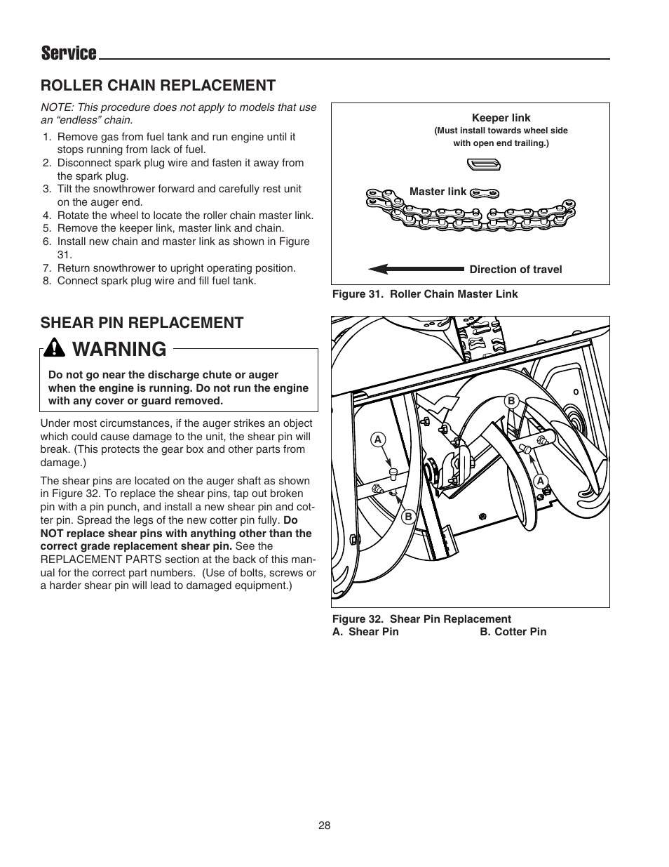 Service, Warning, Shear pin replacement | Roller chain replacement | Snapper 555M User Manual | Page 29 / 32