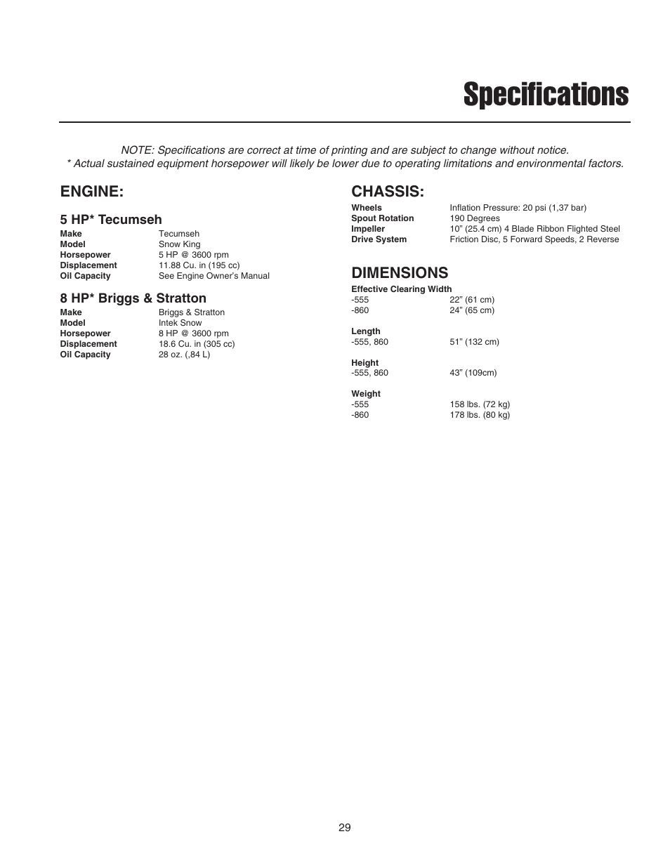 Specifications, Engine, Chassis | Dimensions, 5 hp* tecumseh, 8 hp* briggs & stratton | Snapper 555M User Manual | Page 30 / 32