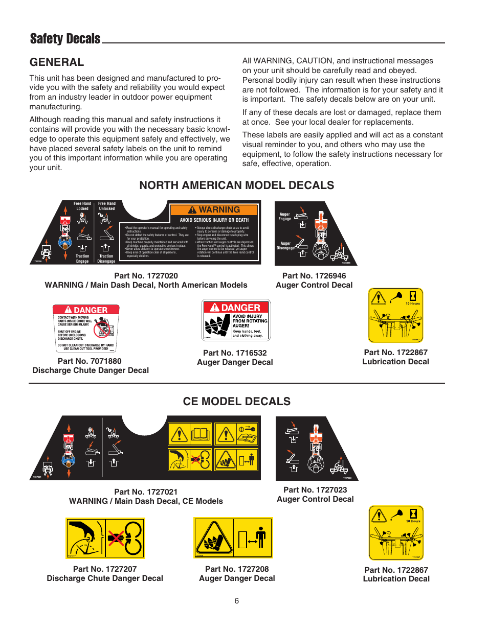 Safety decals, General, North american model decals ce model decals | Snapper 555M User Manual | Page 7 / 32