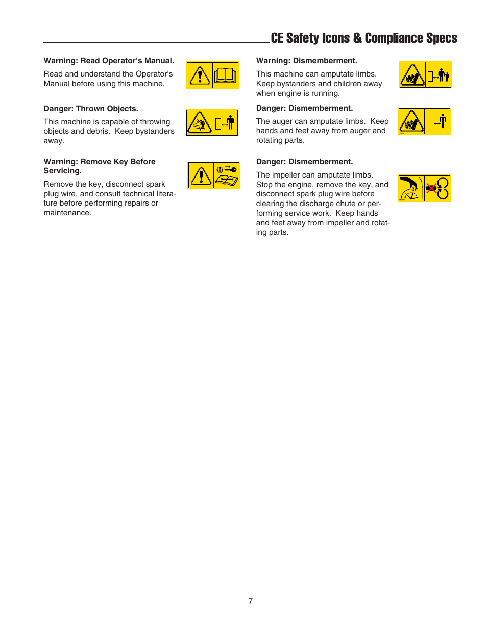 Ce safety icons & compliance specs | Snapper 555M User Manual | Page 8 / 32