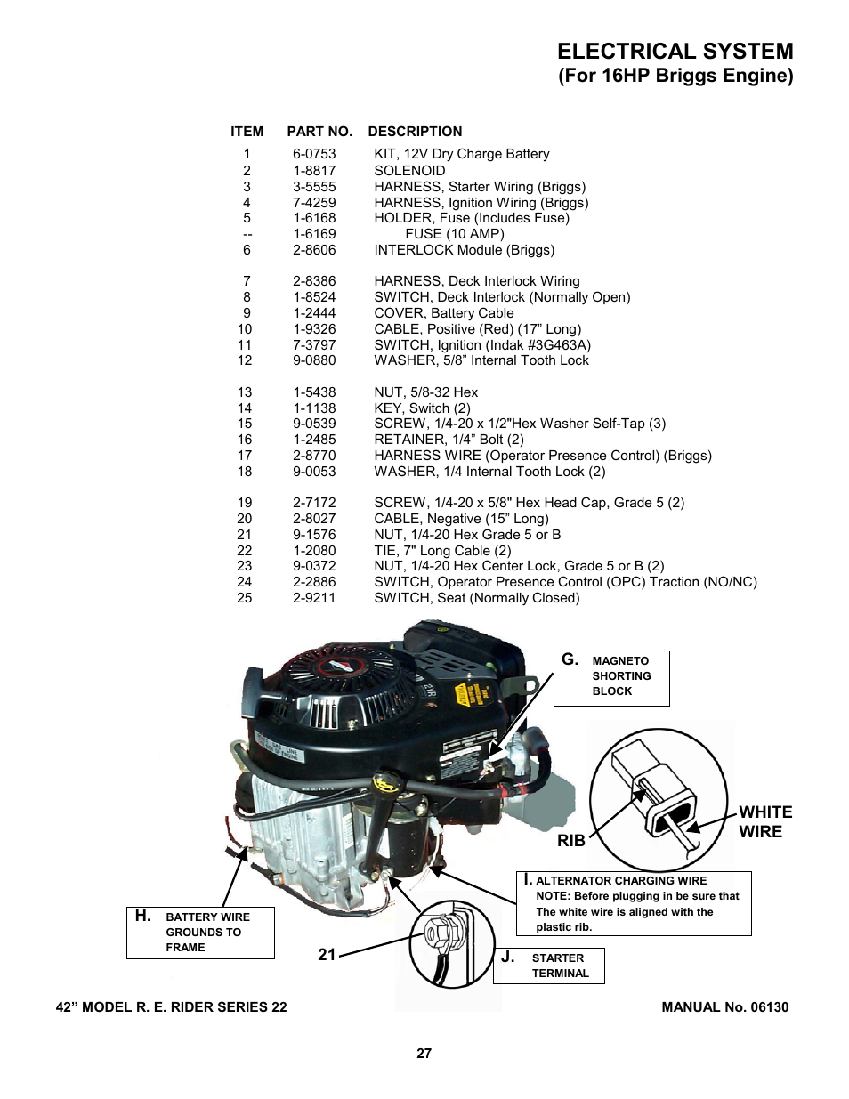 Electrical system, For 16hp briggs engine) | Snapper 421622BVE User Manual | Page 27 / 32
