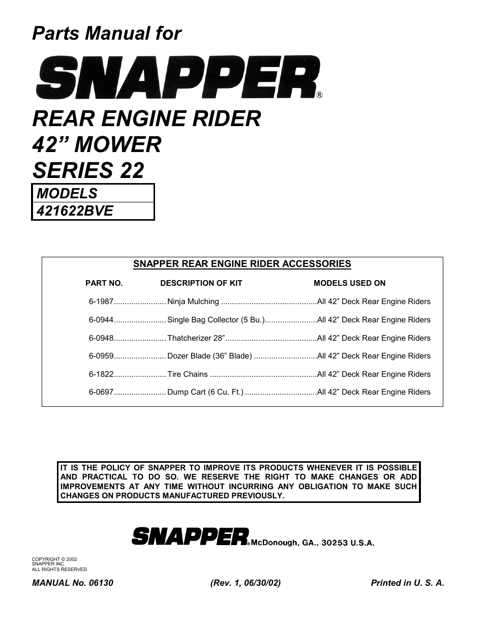 Rear engine rider 42” mower series 22, Parts manual for | Snapper 421622BVE User Manual | Page 32 / 32